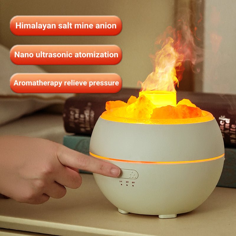 “Salt Stone Simulation Flame Aromatherapy Machine – LED Mist Diffuser for Home & Office”